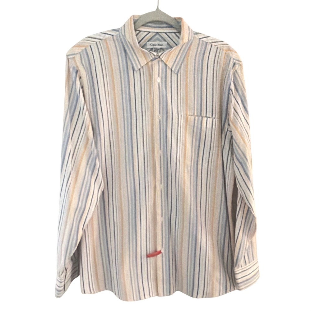 Calvin Klein Mens Large Blue Tan Striped Cotton Long Sleeve Button Down Shirt